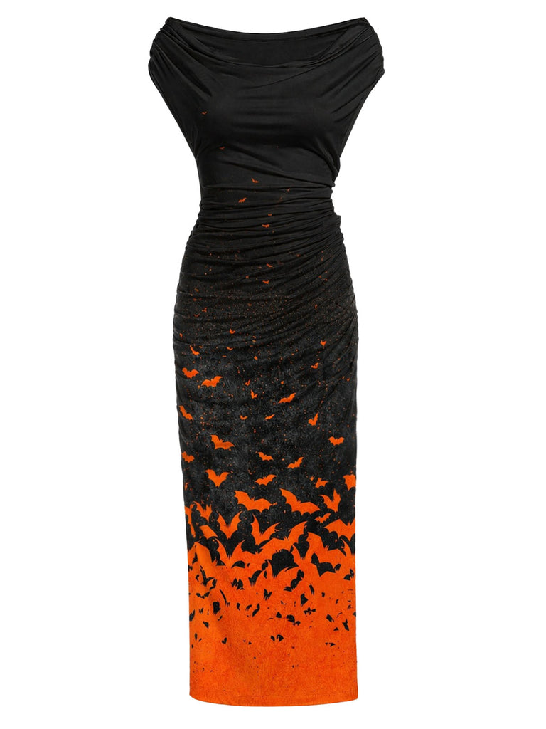 [Prévente] Robe noire ajustée à dégradé orange et imprimé chauves-souris années 1960