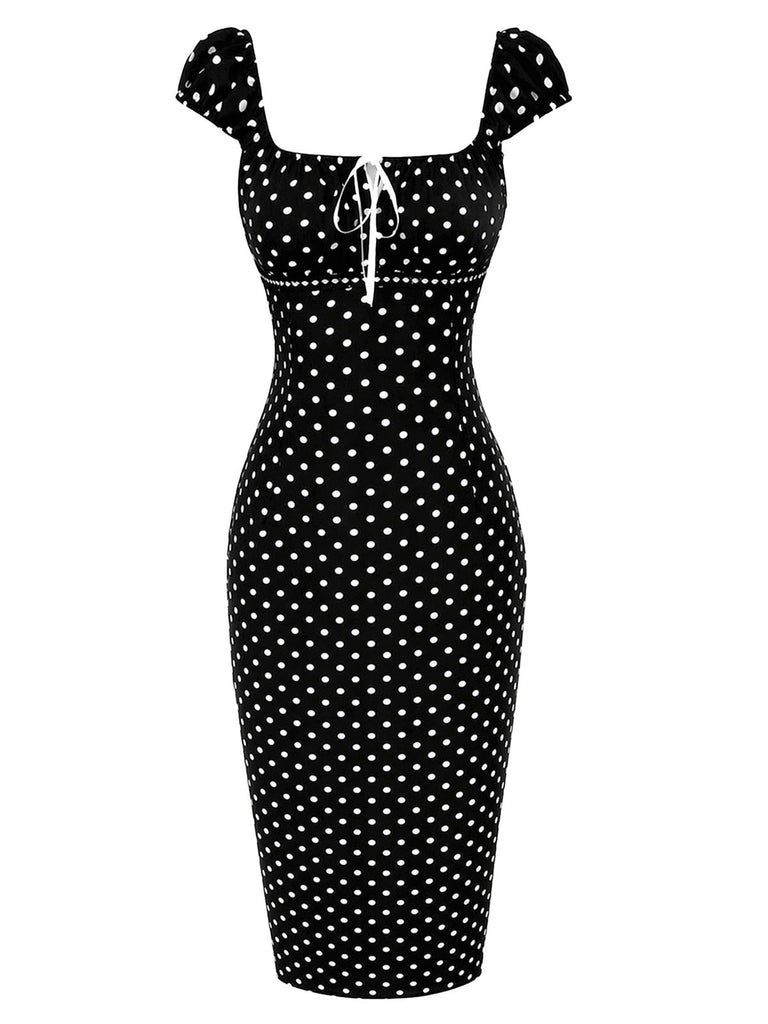 [Prévente] Robe Fourreau Noire Col Carré à Pois Années 1960 2