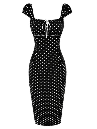 [Prévente] Robe Fourreau Noire Col Carré à Pois Années 1960 2