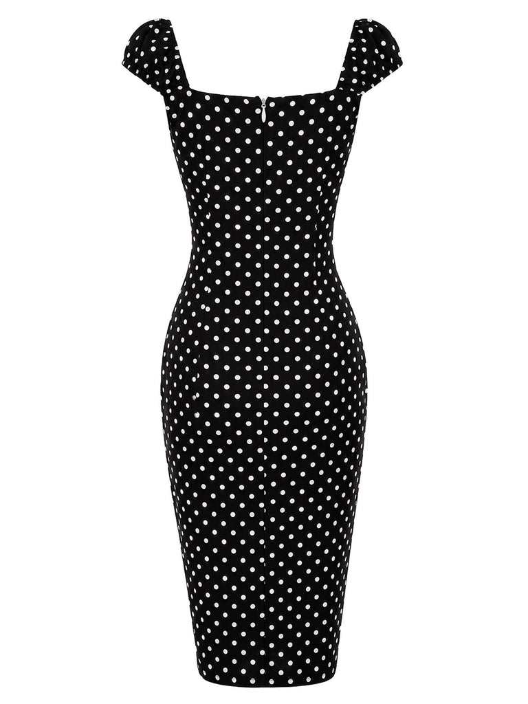 [Prévente] Robe Fourreau Noire Col Carré à Pois Années 1960 4