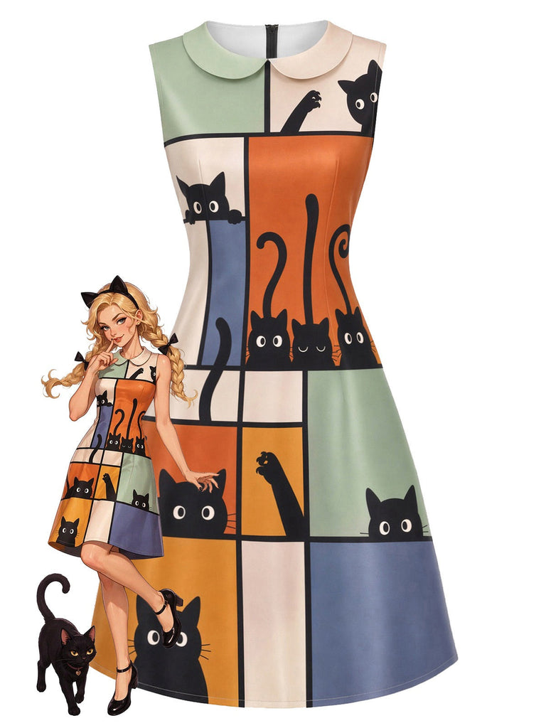 [Prévente] Robe en A Col Claudine Imprimé Chat Art Abstrait Années 1960