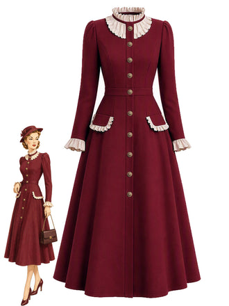 [Prévente] Robe manteau bordeaux à col à volants et boutons Années 1950 - 1