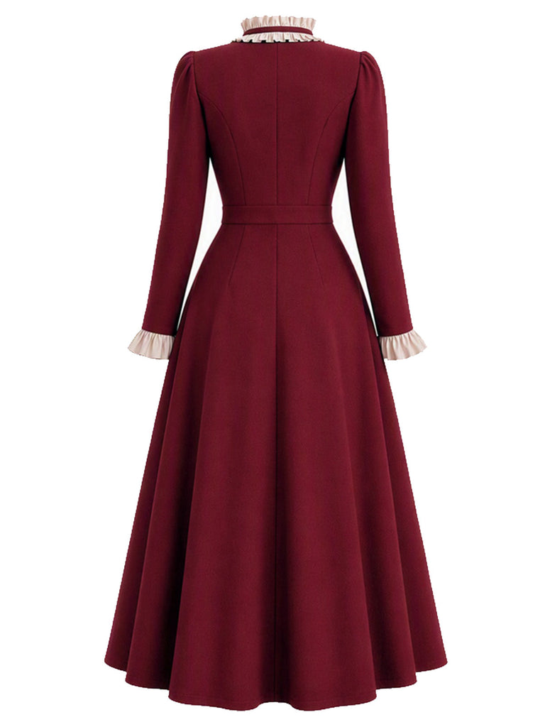 [Prévente] Robe manteau bordeaux à col à volants et boutons Années 1950 - 3