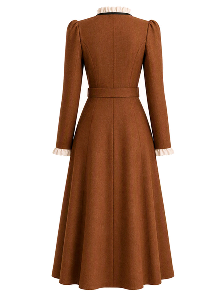 [Prévente] Robe midi caramel à volants et empiècements en fausse laine années 1940 - 3