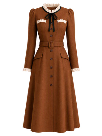 [Prévente] Robe midi caramel à volants et empiècements en fausse laine années 1940 - 2