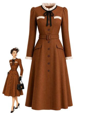 [Prévente] Robe midi caramel à volants et empiècements en fausse laine années 1940 - 1