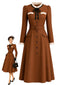 [Prévente] Robe midi imitation laine volants et patchwork coloris caramel années 40
