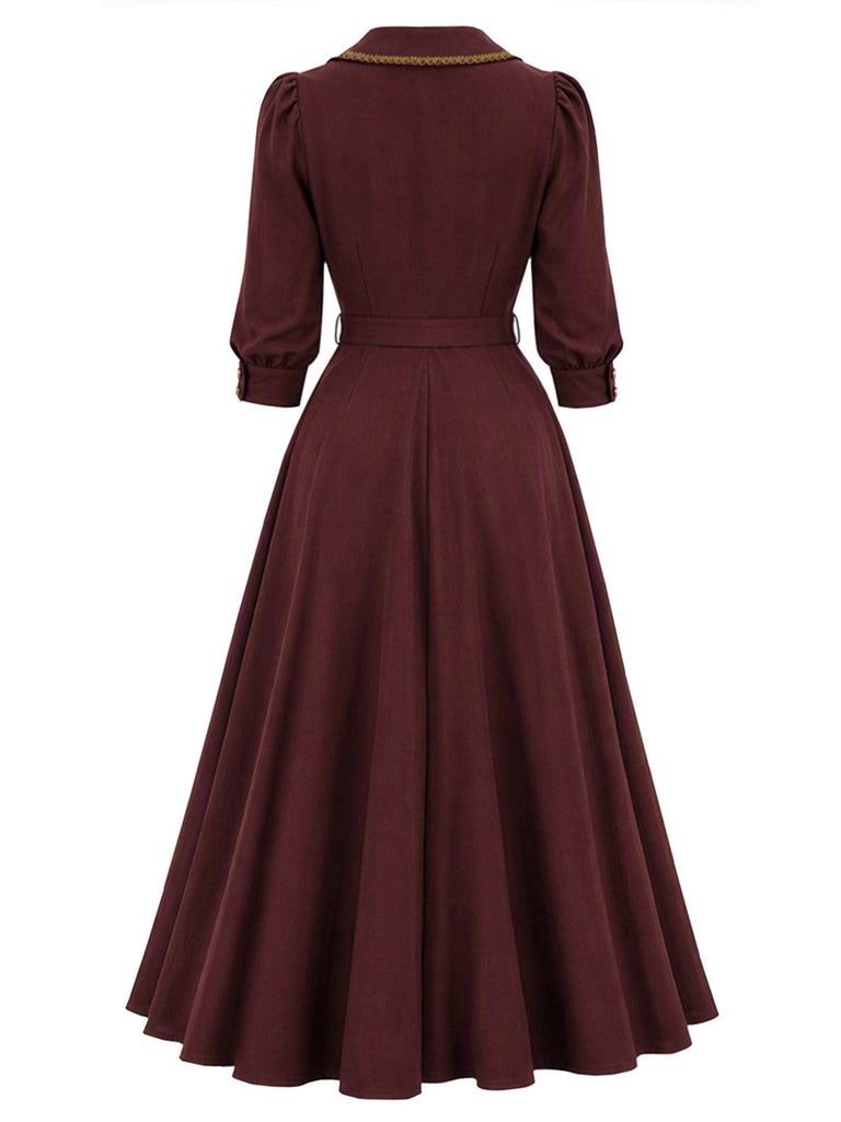 [Prévente] Robe lie-de-vin à nœud, revers et manches au coude années 1950