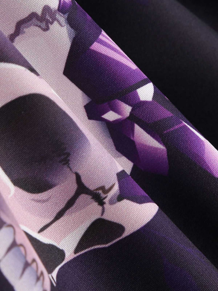 Robe évasée violette à imprimé crânes en cristal col pétale années 1950