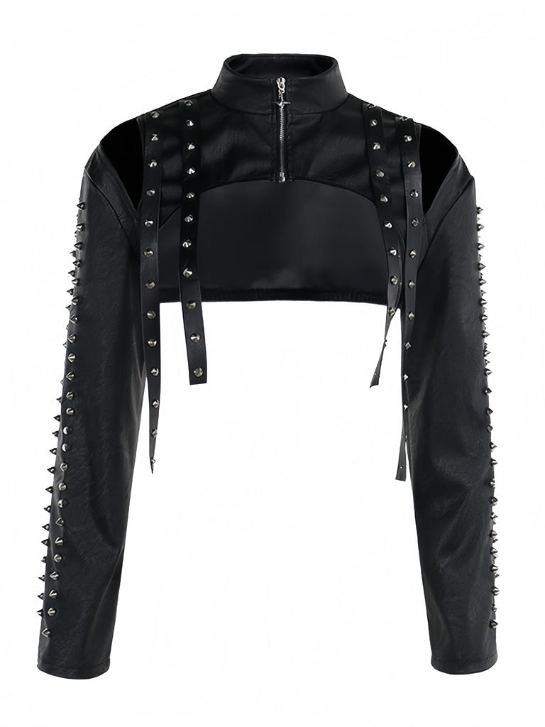 Veste boléro courte noire en similicuir à clous années 1970