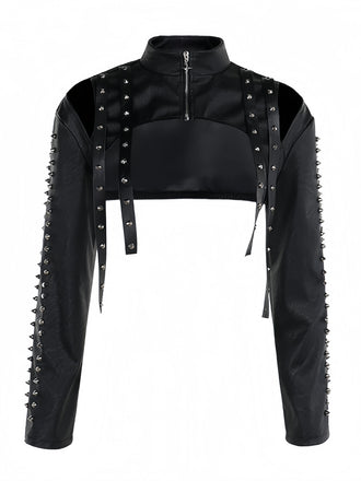 Veste boléro courte noire en similicuir à clous années 1970
