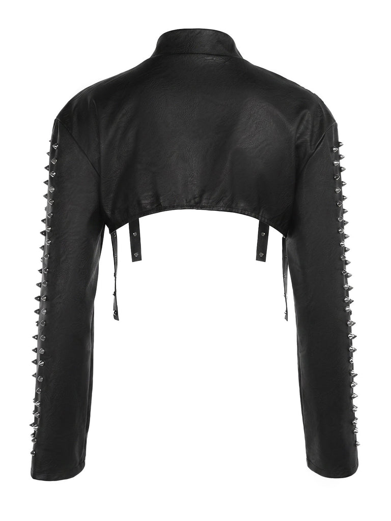 Veste boléro courte noire en similicuir à clous années 1970