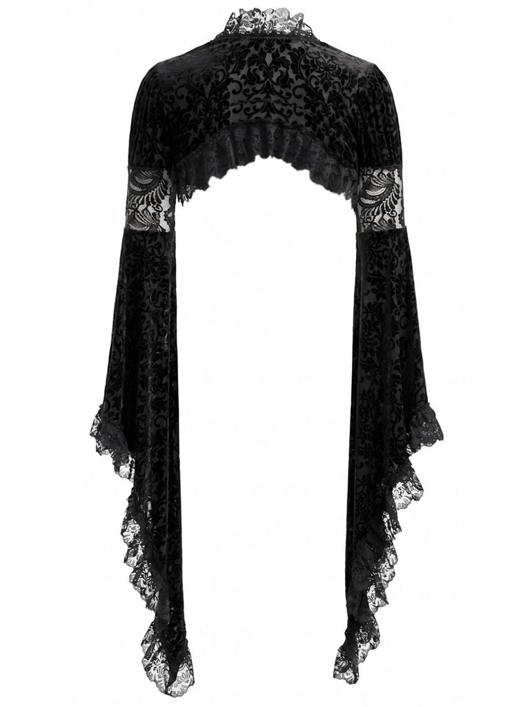 Cape gothique noire en dentelle à manches cloche années 1970