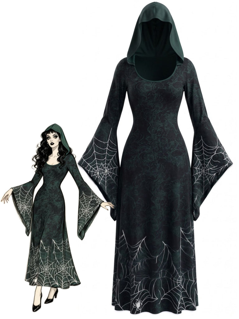 Robe de cosplay de sorcière à capuche et toile d’araignée pour Halloween années 1930