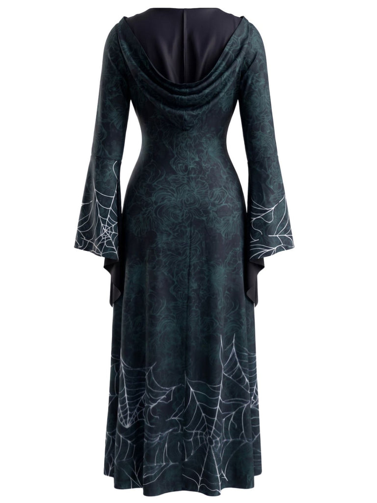 Robe de cosplay de sorcière à capuche et toile d’araignée pour Halloween années 1930