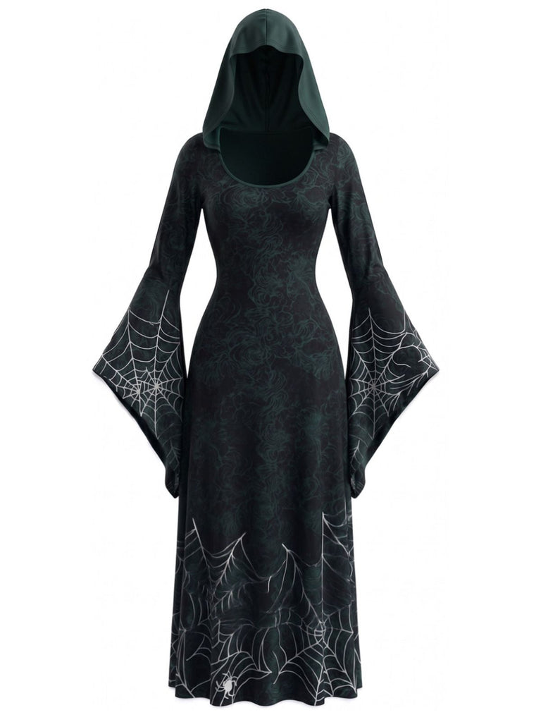 Robe de cosplay de sorcière à capuche et toile d’araignée pour Halloween années 1930
