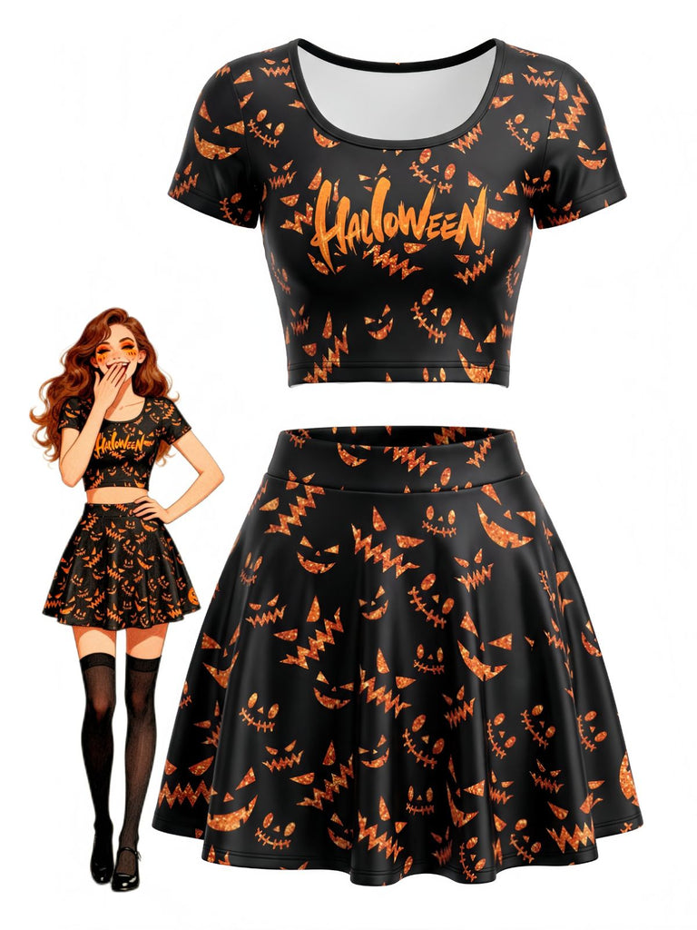 Ensemble 2PCS top court et jupe orange à imprimé citrouilles d’Halloween années 1960