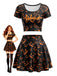 Ensemble 2PCS top court et jupe orange à imprimé citrouilles d’Halloween années 1960