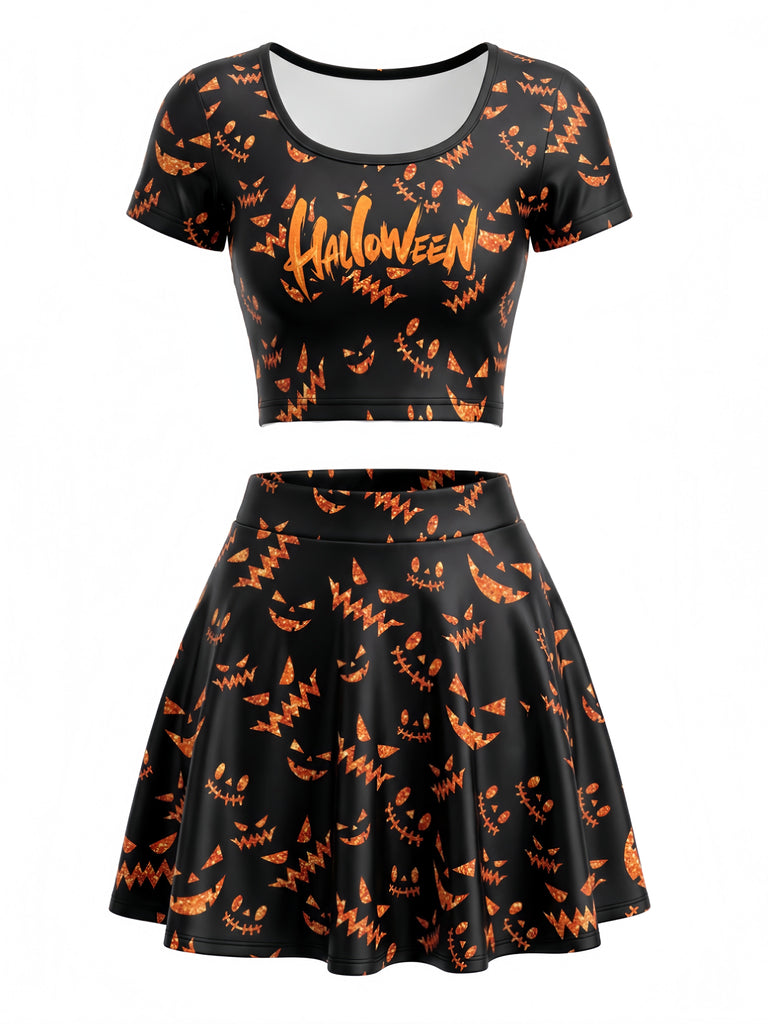Ensemble 2PCS top court et jupe orange à imprimé citrouilles d’Halloween années 1960