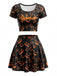 Ensemble 2PCS top court et jupe orange à imprimé citrouilles d’Halloween années 1960