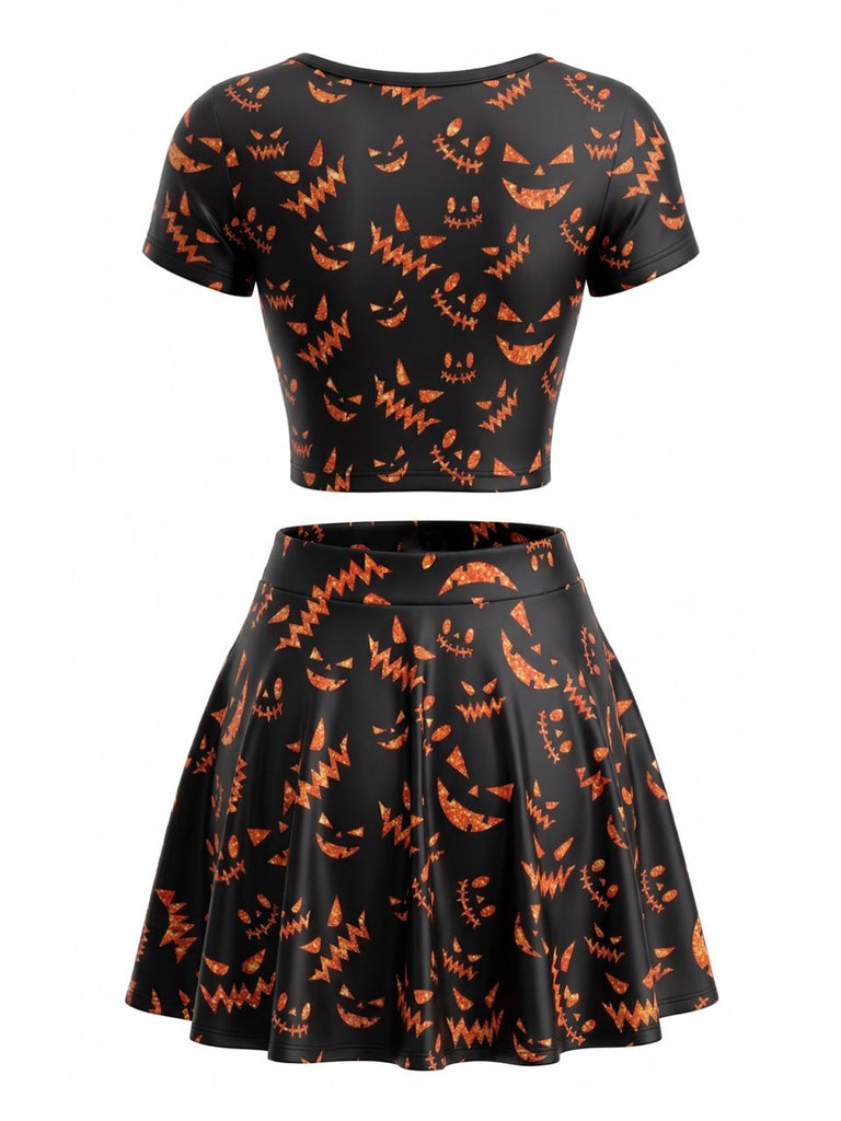 Ensemble 2PCS top court et jupe orange à imprimé citrouilles d’Halloween années 1960