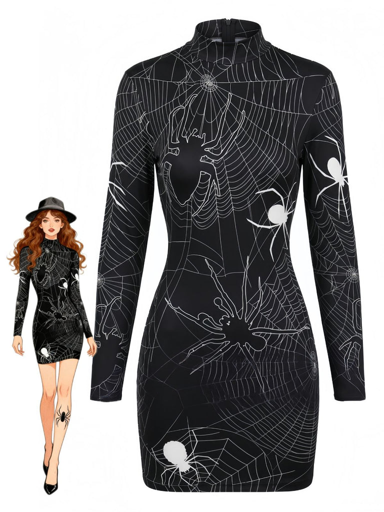 Robe crayon courte à manches longues et imprimé Halloween années 1960