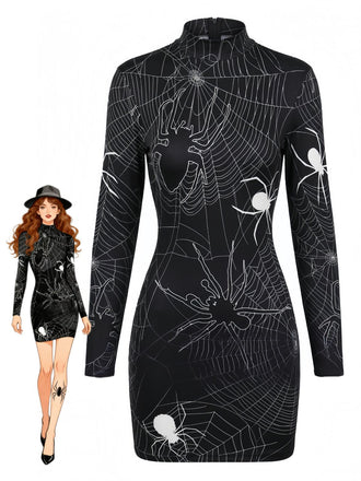 Robe crayon courte à manches longues et imprimé Halloween années 1960