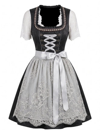 Ensemble 3PCS bleu avec robe à col carré, tablier floral en dentelle et top Années 1950