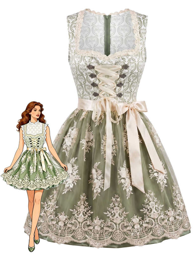Robe vert clair à col carré avec tablier en dentelle florale Années 1950