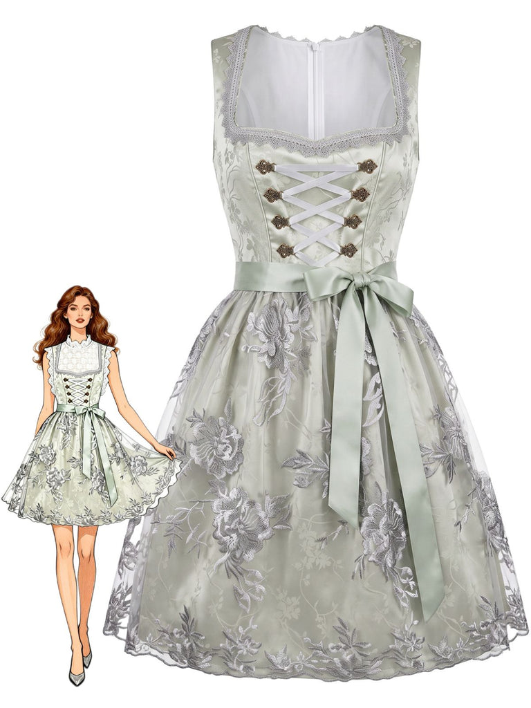 Ensemble 2PCS bleu avec robe florale en dentelle à col carré et laçage, tablier et top Années 1950