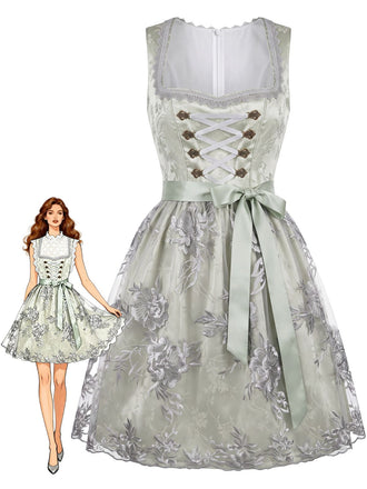 Robe bleu clair florale à col carré et laçage avec tablier Années 1950