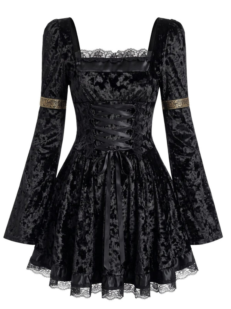 Mini-robe en velours à laçage et manches cloche années 1970