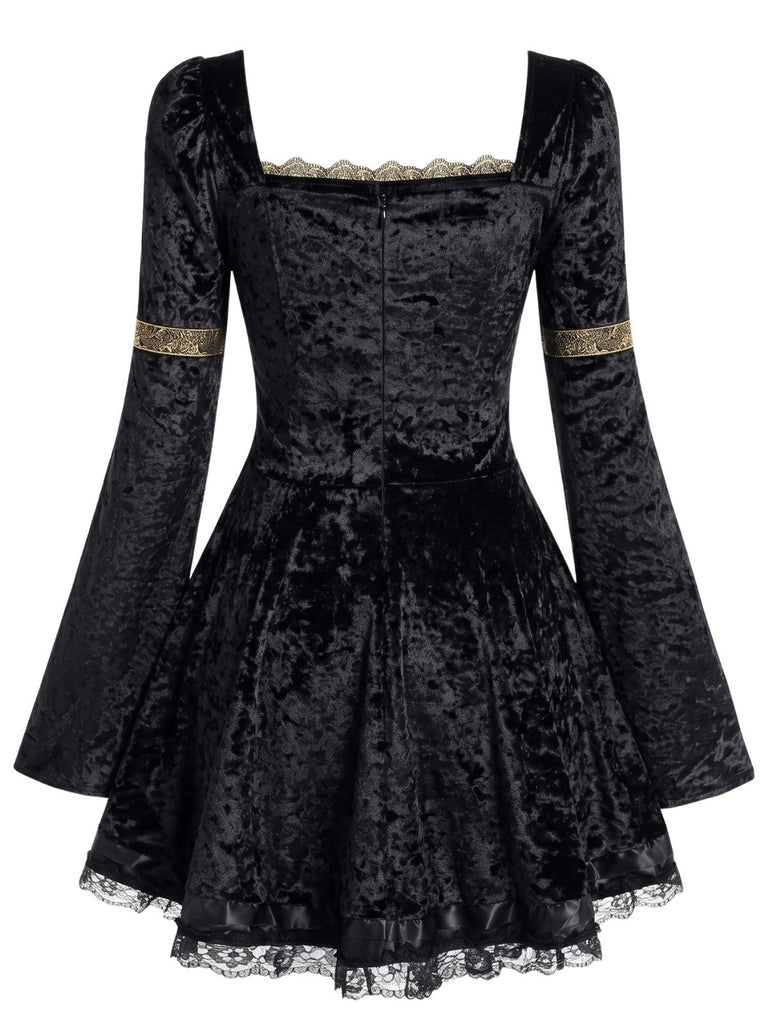 Mini-robe en velours à laçage et manches cloche années 1970