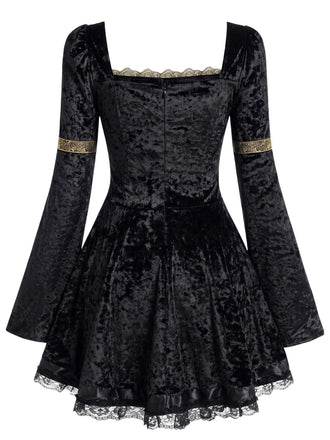 Mini-robe en velours à laçage et manches cloche années 1970