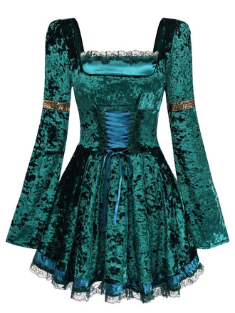 Mini-robe en velours à laçage et manches cloche années 1970