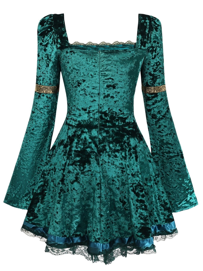 Mini-robe en velours à laçage et manches cloche années 1970
