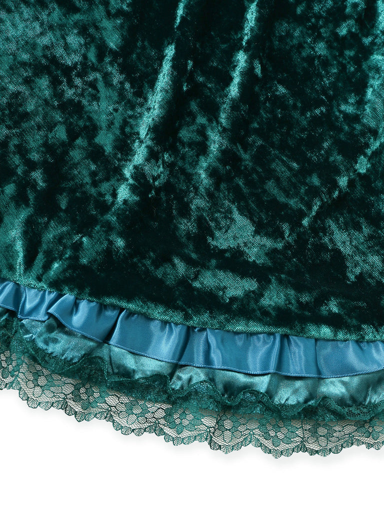 Mini-robe en velours à laçage et manches cloche années 1970