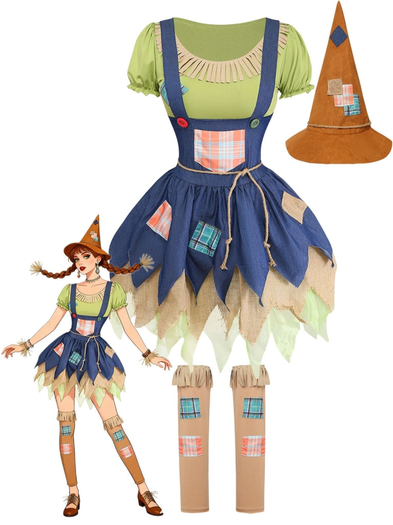 Ensemble de costume épouvantail à empiècements pour Halloween années 1950