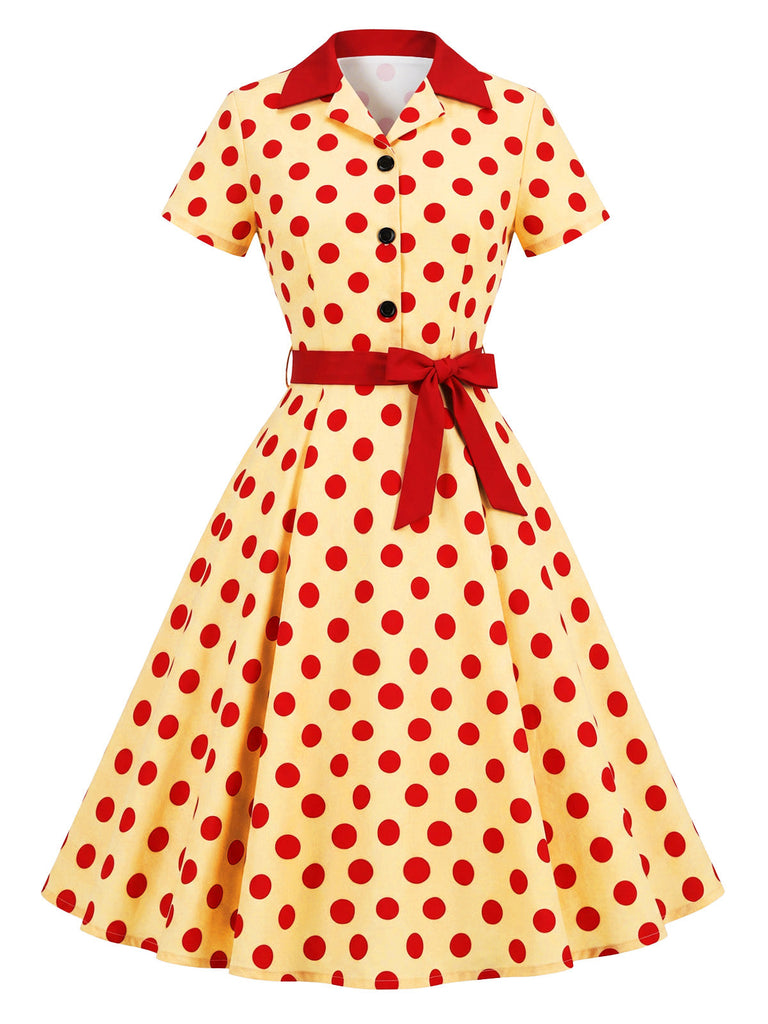 Robe chemise à revers, pois et ceinture années 1940