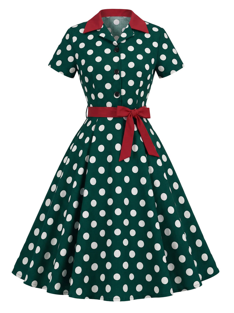 Robe chemise à revers, pois et ceinture années 1940