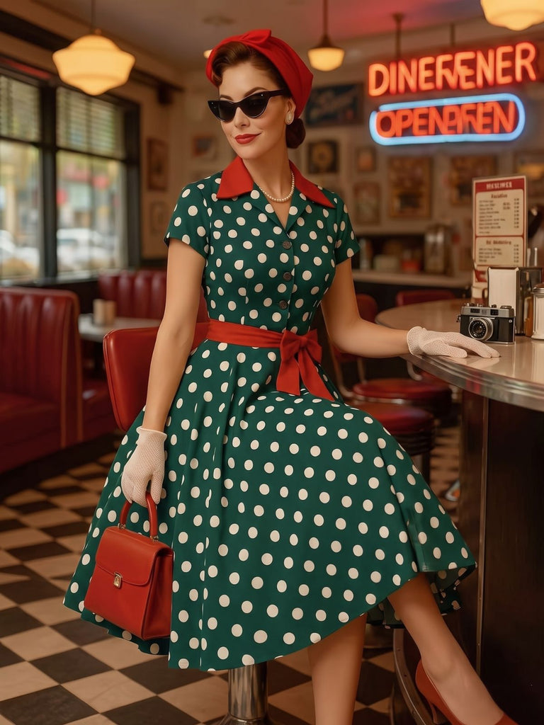 Robe chemise à revers, pois et ceinture années 1940