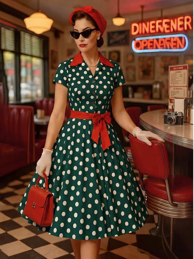 Robe chemise à revers, pois et ceinture années 1940
