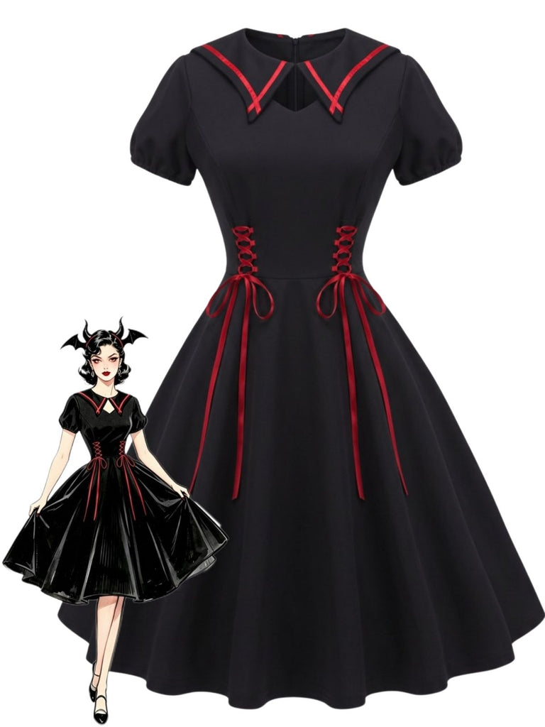 Robe évasée gothique noire à col chauve-souris et laçage années 1940