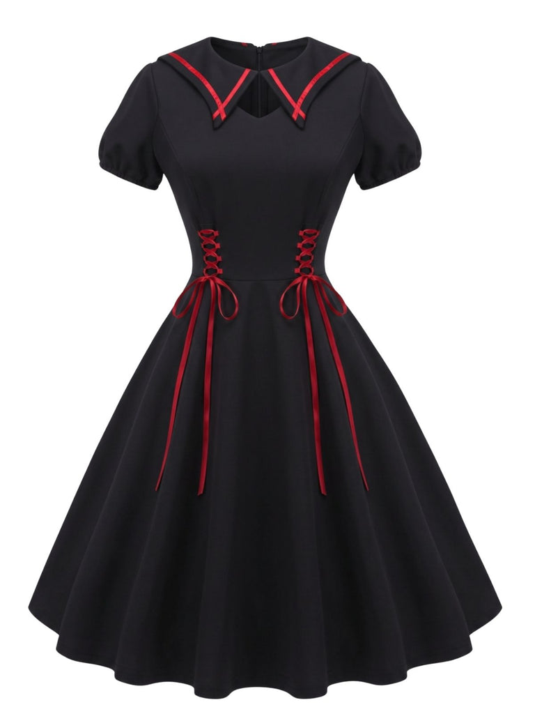Robe évasée gothique noire à col chauve-souris et laçage années 1940