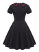 Robe évasée gothique noire à col chauve-souris et laçage années 1940