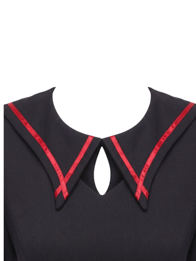 Robe évasée gothique noire à col chauve-souris et laçage années 1940