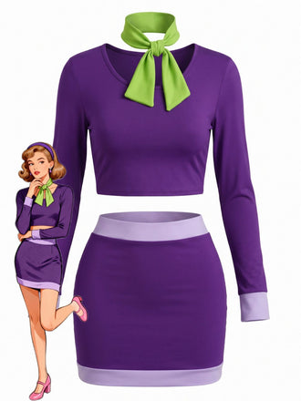 2PCS Violet Color Block Col Lavallière Costume Années 1960