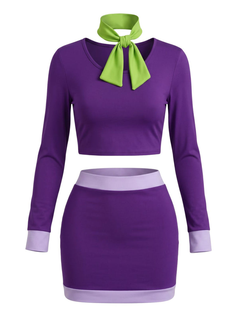 2PCS Violet Color Block Col Lavallière Costume Années 1960