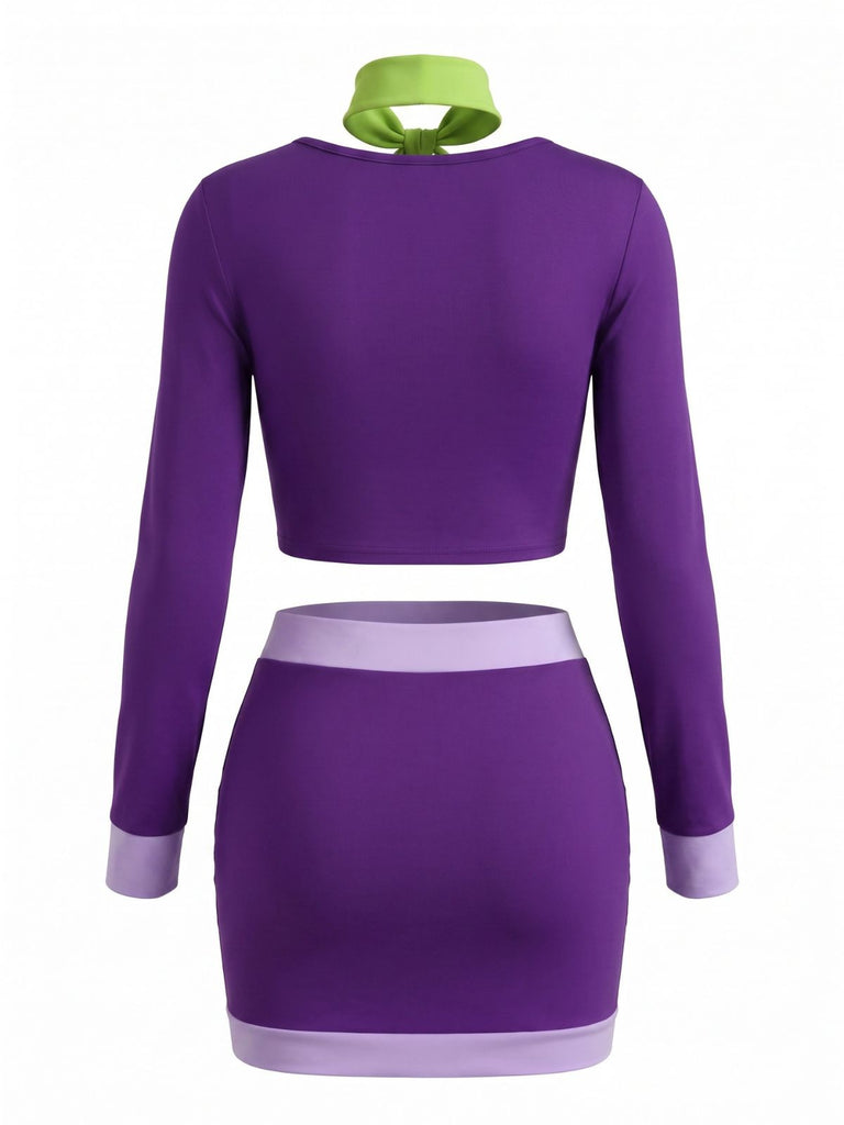 2PCS Violet Color Block Col Lavallière Costume Années 1960