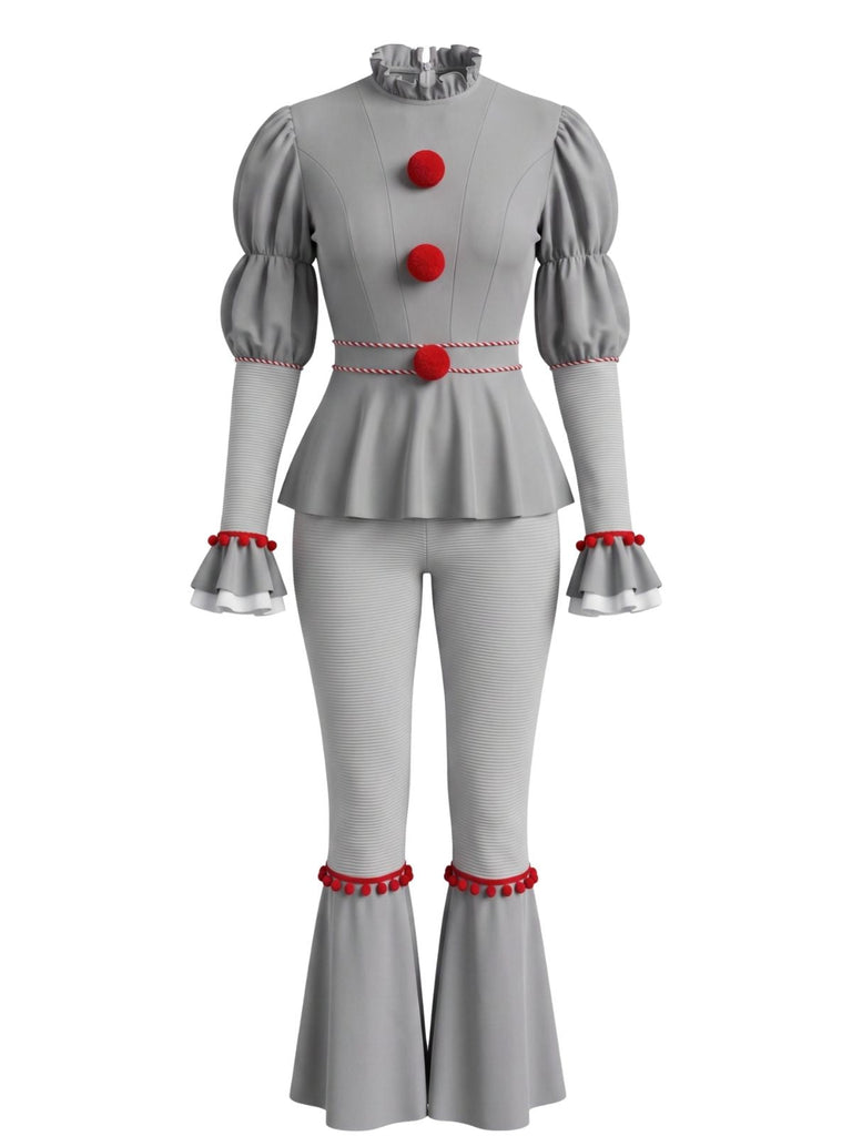 Ensemble 2 pièces rouge de clown avec haut à pompons et volants et pantalon années 1950